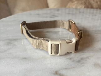 Beige hondenhalsband met goudkleurige details en kliksluiting