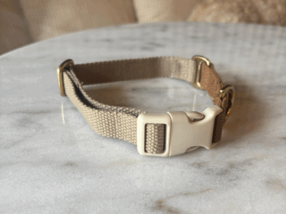 Beige hondenhalsband met goudkleurige details en kliksluiting